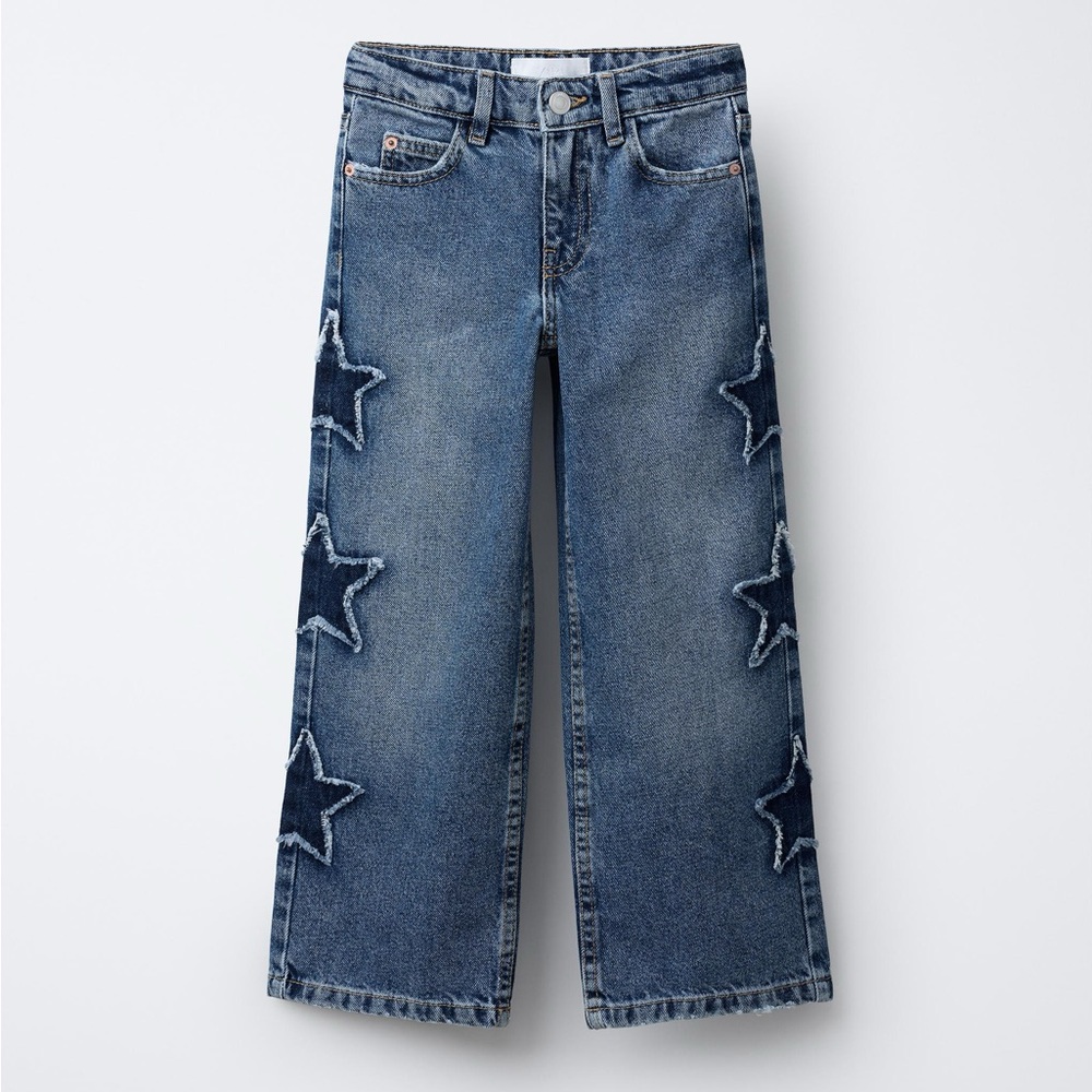 Zara STAR PATCH WIDE-LEG JEANS Girls 8-9 Years